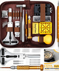 Complete Watch Repair Kit With Link Removal Tool And Case Opener For Battery Replacement And Strap Adjustment, Spring Bar Tool, Manual Included, DIY Friendly Pro Grade Set in open brown case with visible tools for watch repair.