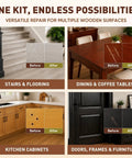 Showcasing versatile repairs for stairs, tables, cabinets, doors using 24 Wood Filler Sticks And Furniture Repair Wax Crayons.