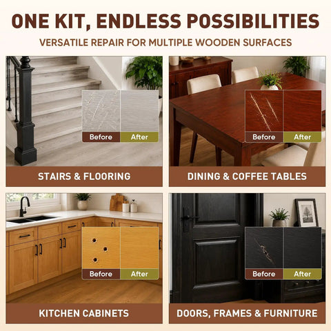 Showcasing versatile repairs for stairs, tables, cabinets, doors using 24 Wood Filler Sticks And Furniture Repair Wax Crayons.