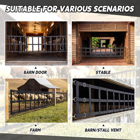 Various scenarios for Dang Solid 12 By 20 Foot Polyester Horse Stall Guard featuring barn door, stable, farm, and barn vent uses.