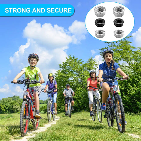 Kids riding bikes outdoors with inset of 24 Piece Bicycle Nuts And Washers Kit With M8 M9.5 And M10 Sizes For Front And Rear Wheel Axles.