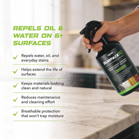 Hand holding Hardcore Penetrating Sealer Spray For Concrete Brick And Unsealed Grout Leaves Invisible Stain Shield.