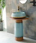 Killer Vintage Ceramic Pedestal Sink Slick Blue Hand Carved Washbasin Industrial Style Porcelain Column Basin with round bowl.