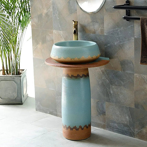 Killer Vintage Ceramic Pedestal Sink Slick Blue Hand Carved Washbasin Industrial Style Porcelain Column Basin with round bowl.