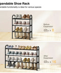 Expandable Three Tier Metal Shoe Rack Holds Up To Sixteen Pairs, Adjustable From 17.7 To 33.1 Inches, Before and After Expansion View