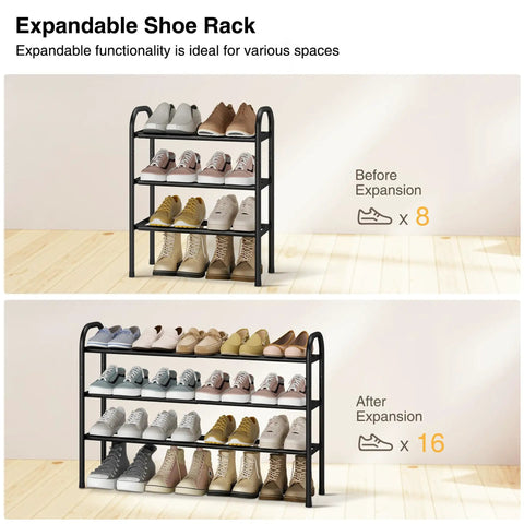 Expandable Three Tier Metal Shoe Rack Holds Up To Sixteen Pairs, Adjustable From 17.7 To 33.1 Inches, Before and After Expansion View