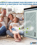 16x25 Replacement Filter Pads For Dynamic Air Cleaner Three Pack White Made In USA displayed next to a happy family
