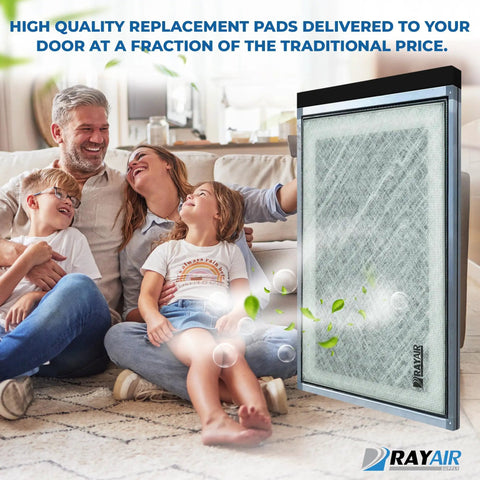 16x25 Replacement Filter Pads For Dynamic Air Cleaner Three Pack White Made In USA displayed next to a happy family