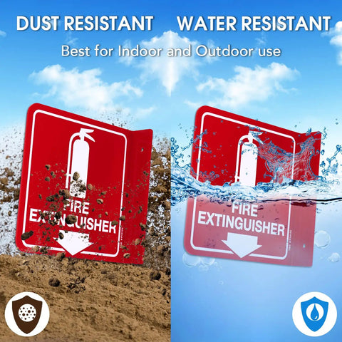Fire Extinguisher Sign With Down Arrow 4 Pack 6 X 6 Inches Acrylic Wall Signs With 2 Pre Drilled Holes Includes Screws Or Adhesive Strips Durable UV Resistant Ink No Fuss Install Ideal For Home Office And Business Safety showing dust and water resistance