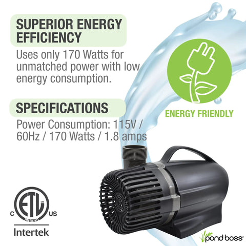 Heavy Duty 3600 GPH Pond Waterfall Pump With 170W Low Energy Power ETL Listed Premium Ceramic Shaft And Flex Impeller