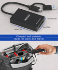 XQD Card Reader With USB 3.0 Dual Type A And Type C, 5Gbps Transfer Speed, shown in a hand for scale and in a travel bag.