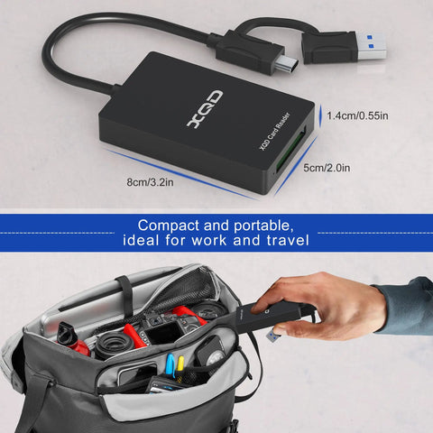 XQD Card Reader With USB 3.0 Dual Type A And Type C, 5Gbps Transfer Speed, shown in a hand for scale and in a travel bag.