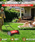 Push Reel Lawn Mower With 23 Inch Cutting Width And 5 Blade Cutting System For Quiet No Gas Lawn Care On Regularly Mowed Lawns With Soft Grass Under 2 To 4 Inches Easy To Maneuver And Low Maintenance. Man pushing red reel mower on green lawn