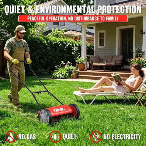 Push Reel Lawn Mower With 23 Inch Cutting Width And 5 Blade Cutting System For Quiet No Gas Lawn Care On Regularly Mowed Lawns With Soft Grass Under 2 To 4 Inches Easy To Maneuver And Low Maintenance. Man pushing red reel mower on green lawn