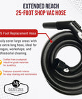 Heavy Duty Vacuum Hose Replacement Extension For Wet And Dry Vacuums Tough As Nails Crushproof Industrial Grade Twenty Five Foot Length With One And One Quarter Inch Connector And Air Suction Control Black coiled with connector visible.