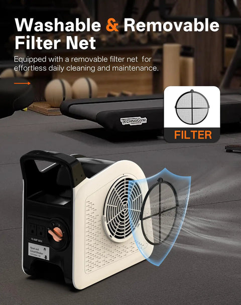 355 CFM Blower Fan With Detachable Filter for Easy Cleaning in a gym setting, featuring its removable filter for maintenance.