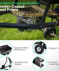 Beefy Built Tow Behind Broadcast Spreader For Lawn And Garden With 130 Lb Capacity showing metal frame and seed dispersal