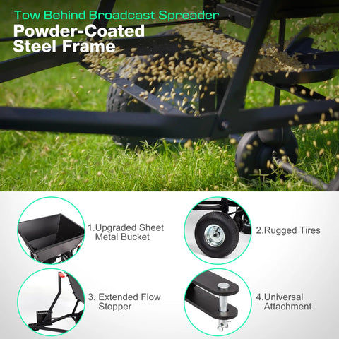 Beefy Built Tow Behind Broadcast Spreader For Lawn And Garden With 130 Lb Capacity showing metal frame and seed dispersal