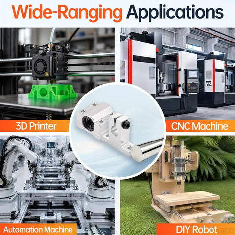 Complete Linear Motion Rod Kit With Two 8mm By 400mm Linear Rods, Four SCS8UU Bearing Blocks, Four SK8 Shaft Supports, And L Shaped M3 Allen Wrench For Smooth, Stable And Pro Grade Motion You Can Trust. Applications shown for 3D printers, CNC, automation and DIY robots.