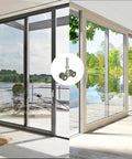 Four Wheel Unistrut Trolley Assembly Roller In Steel With M10 Bolt for silent operation displayed over sliding glass doors