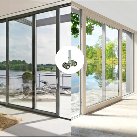 Four Wheel Unistrut Trolley Assembly Roller In Steel With M10 Bolt for silent operation displayed over sliding glass doors