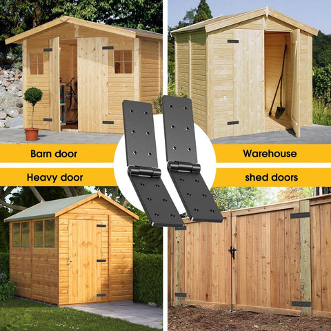 Heavy Duty Fence Gate Hinges 4 Pack 270 Degree Adjustable Barn Door Hinges With Screws For Backyard Wood Doors Garden Black Bifold Strap Folding Hardware visible with sheds and fences