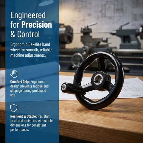 Black hand wheel knob for milling machines on workbench with blueprints, highlighting 2 Piece Black Hand Wheel Knobs For Milling Machines