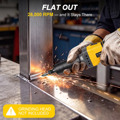 Built Like a Tank Brushless Cordless Die Grinder with 26000 RPM in use, grinding metal with sparks flying.