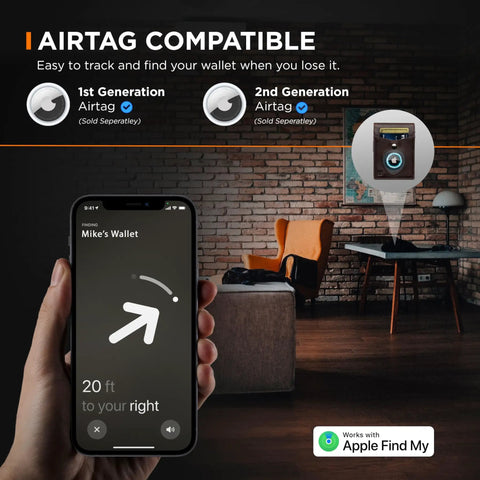 AirTag Wallet With RFID Blocking For Men Minimalist Slim Bifold Money Clip Full Grain Leather Front Pocket Card Organizer Durable Everyday Carry Gift For Tech Nerds tracked with phone in living room