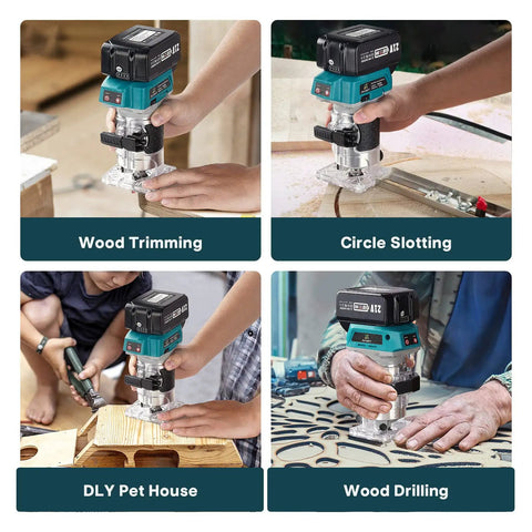 Four images of Cordless Twenty One Volt Brushless Palm Wood Router With Four Amp Hour Battery And Fifteen Piece One Quarter Inch Router Bit Set for woodworking