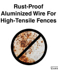 Anti-rust symbol with text "Rust-Proof Aluminized Wire For High-Tensile Fences" highlighting rust-resistant feature.