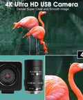 4K USB Camera With 5-50mm Zoom Lens, 10X Optical Zoom, Sony IMX317 Sensor, image showing lens and flamingos in water