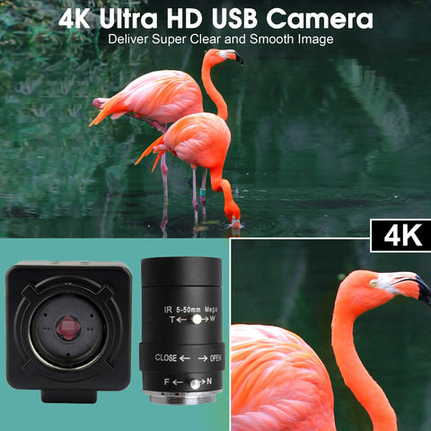 4K USB Camera With 5-50mm Zoom Lens, 10X Optical Zoom, Sony IMX317 Sensor, image showing lens and flamingos in water