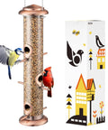 All Metal Brushed Copper Bird Feeder With Six Feeding Ports For Outdoor Hanging 15 Inch Backyard Wild Bird Feeder shown with packaging