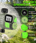 Smart Sprinkler Timer For Garden Hose With Rain Delay And Manual Mode, showing LCD display and settings on grassy background