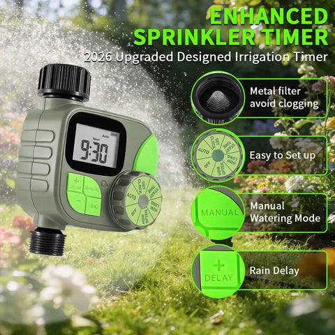 Smart Sprinkler Timer For Garden Hose With Rain Delay And Manual Mode, showing LCD display and settings on grassy background