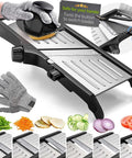Gramercy adjustable mandoline slicer, silver and black, with cut-resistant gloves and waffle fry cutter