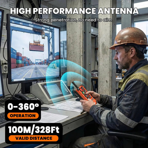 Worker using Eight Button Wireless Crane Remote Control for 12V Lift with Two Transmitters, 100 m range, at control station