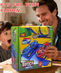 Child and adult excitedly holding Build Anywhere Portable Race Track With Suction Cups 20 Foot Flexible Roll Up Track box