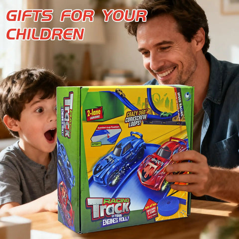 Child and adult excitedly holding Build Anywhere Portable Race Track With Suction Cups 20 Foot Flexible Roll Up Track box