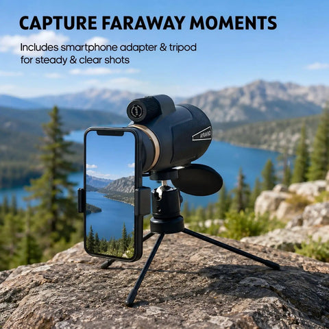 Lightweight 12x60 Monocular for Outdoor Hiking and Travel, Delivers Clear Long Distance Viewing in a Compact Pack, A Go To Outdoor Essential Gift for Men Dad Husband Teens Who Love Camping, Bird Watching, Sightseeing, Travel, and Concerts, mounted on tripod with smartphone adapter