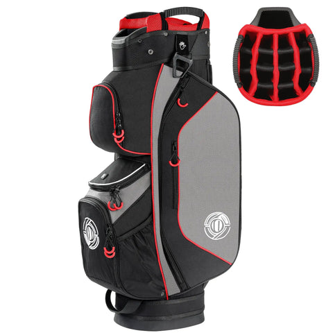 Top Tier Lightweight Golf Cart Bag With Next Level 15 Way Organizer Top and Secure Putter Well in black and gray.