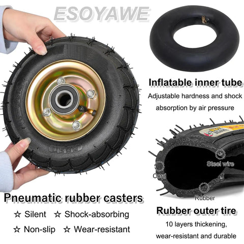 Heavy Duty Industrial Caster Wheel Set Of Four Featuring Shock Absorbing Pneumatic Rubber Tires And Tough As Nails Swivel Fixed Plate Brakes For No Fuss Shop Upgrades displayed with inner tube and textured tire surface.