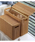 Tall Narrow Rattan Storage Bin With Lid Slick Vertical Woven Organizer For Living Room Cabinet Shelf And Pantry Clean Space Saving Home Decor with open lid