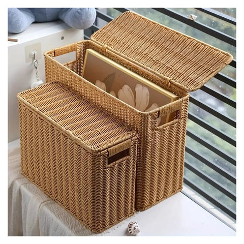 Tall Narrow Rattan Storage Bin With Lid Slick Vertical Woven Organizer For Living Room Cabinet Shelf And Pantry Clean Space Saving Home Decor with open lid