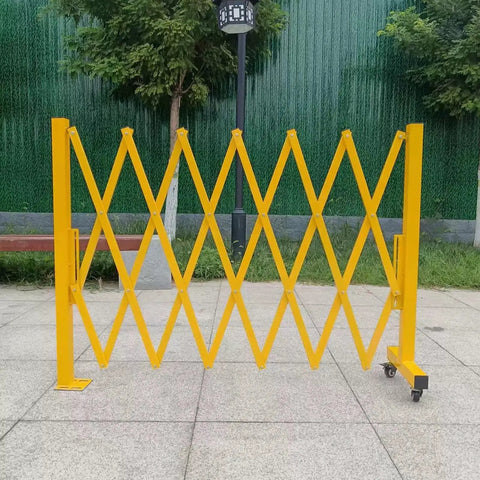 Heavy Duty Expandable Safety Barrier Gate, Rock Solid Retractable Metal Traffic Barricade Fence For Driveways, Warehouses, And Job Sites Built Tough To Take A Beating And Withstand Rough Weather, yellow, retractable, standing open.