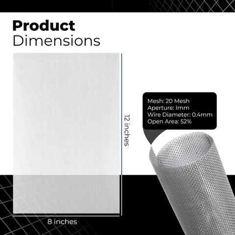 Six Pack 12x8 Inch Stainless Steel Wire Mesh Screens 20 Mesh Durable Rust Proof Easy To Cut With Smooth Edges Dimensions Diagram