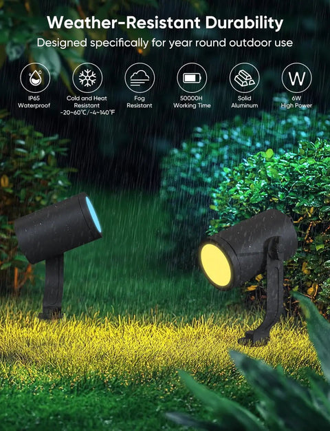 Smart Landscape Lighting Kit No-Fuss Six Pack Outdoor Spotlights with IP65 Waterproof in garden during rain