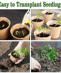Biodegradable Seedling Pots 120 Pack 3.15 Inch With 30 Plant Labels for garden germination, displaying seedlings and planting process