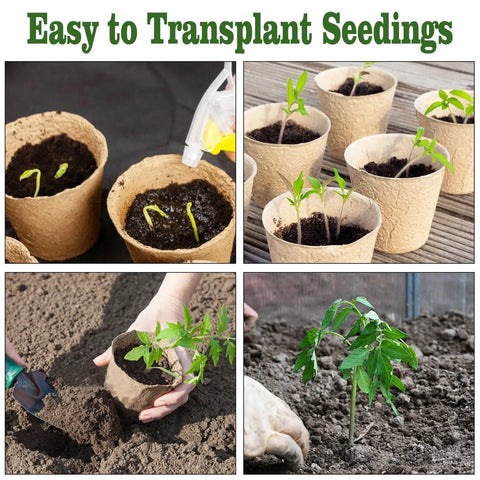 Biodegradable Seedling Pots 120 Pack 3.15 Inch With 30 Plant Labels for garden germination, displaying seedlings and planting process
